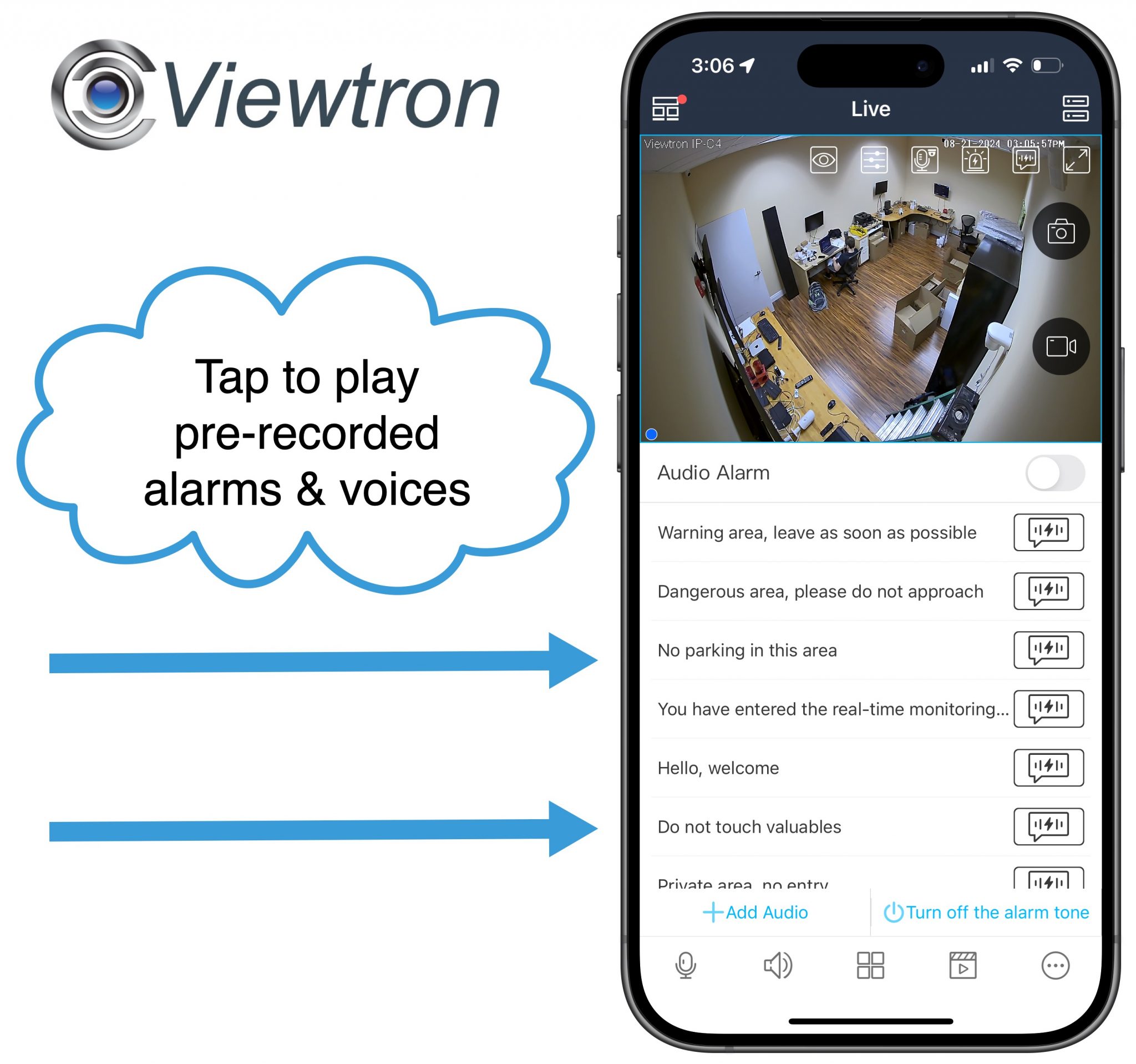 IP camera app trigger alarm sounds and messages